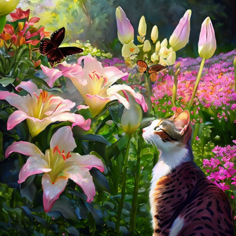 Bengal Cat in Vibrant Garden with Flowers and Butterflies