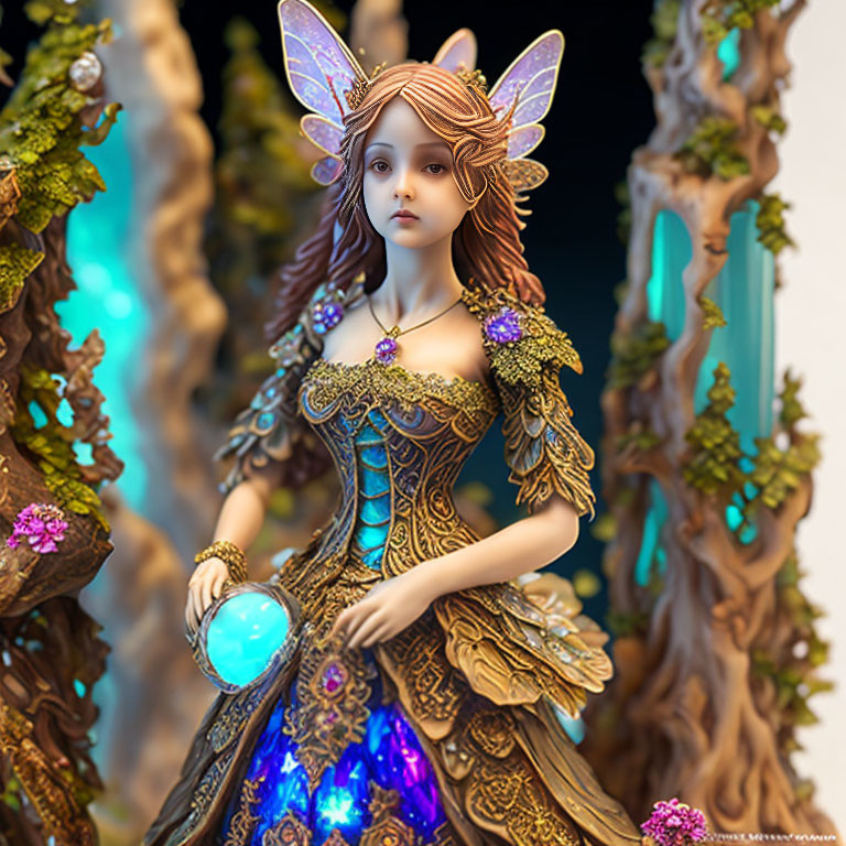 Fantasy female fairy figurine with ornate wings and glowing blue orb