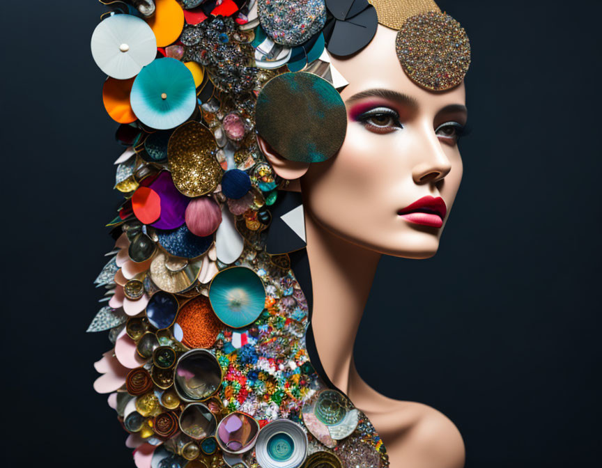 Colorful Mosaic Discs and Buttons on Mannequin Head