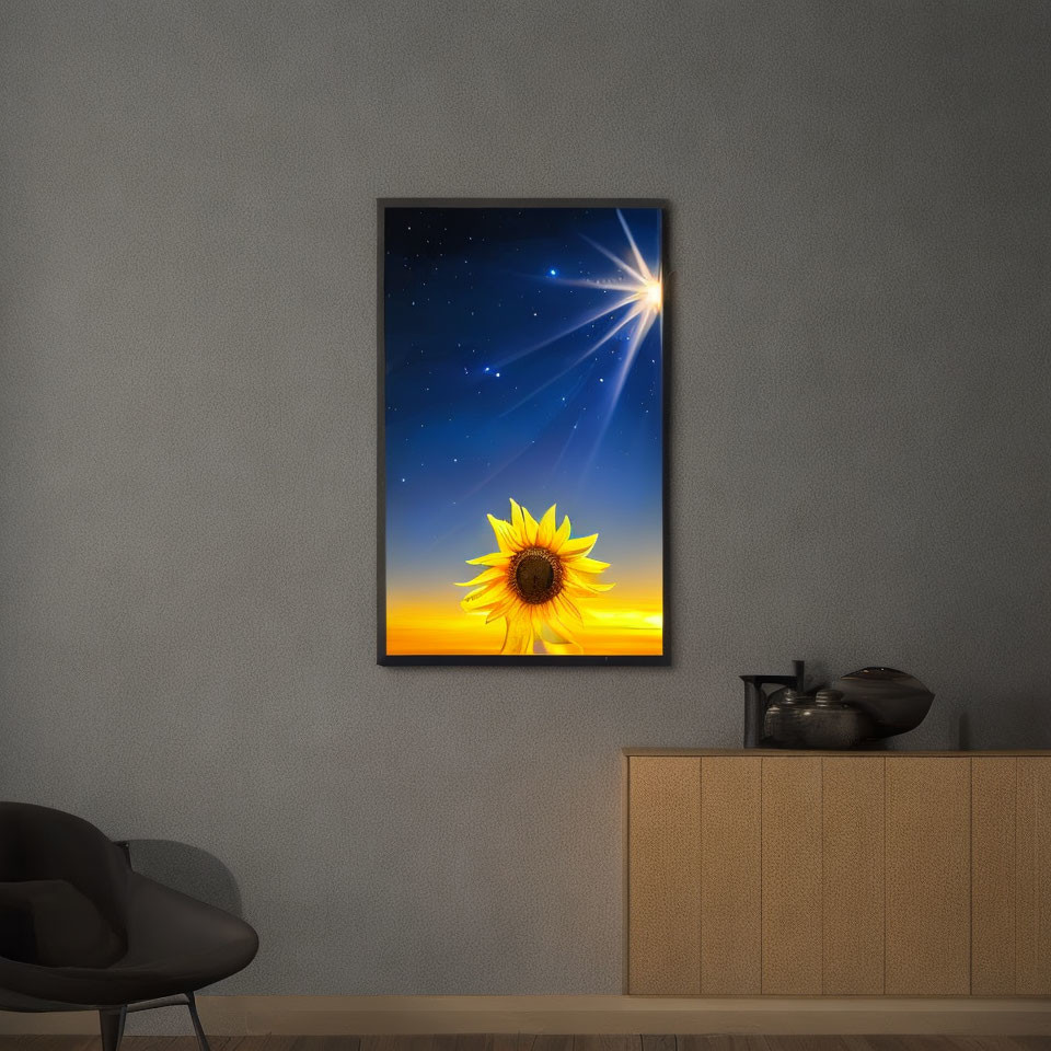 Sunflower painting under starry sky on gray wall with vases and armchair