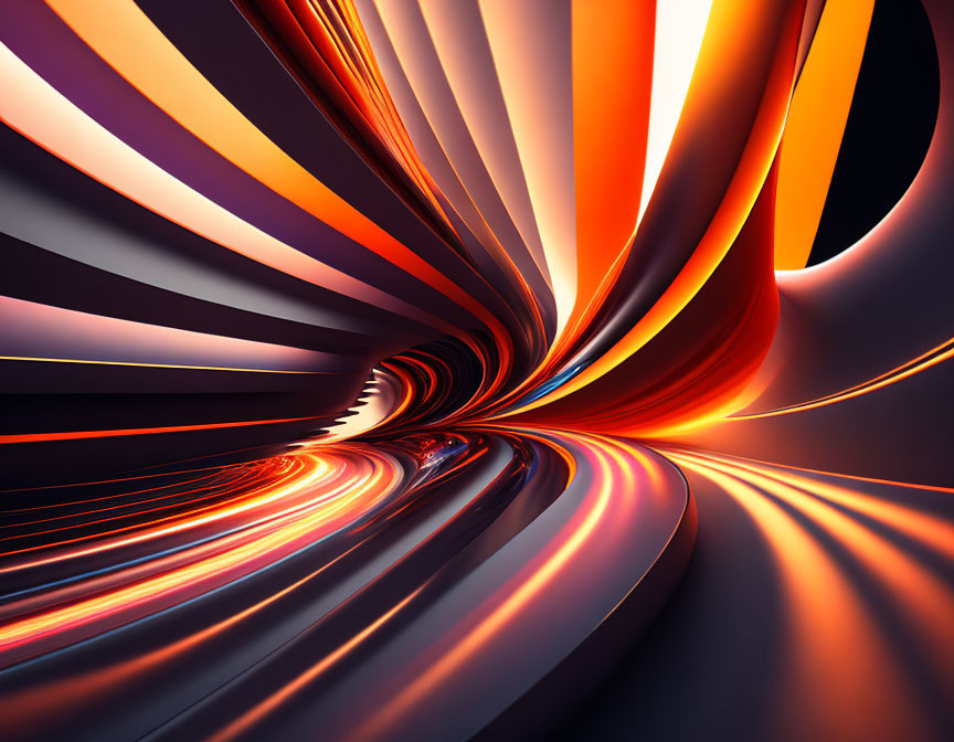 Colorful Abstract Digital Art: Twisted Tunnel with Orange and Red Stripes