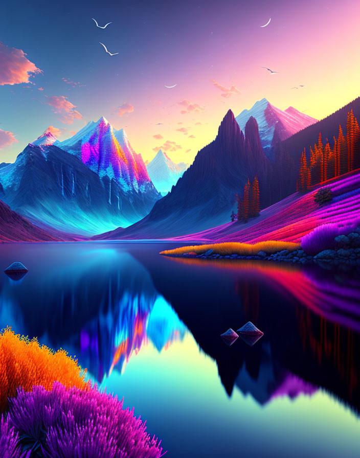 Surreal neon landscape: tranquil lake, sharp mountains, colorful flora