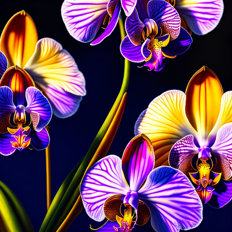 Colorful digital illustration of purple and yellow orchids on dark backdrop