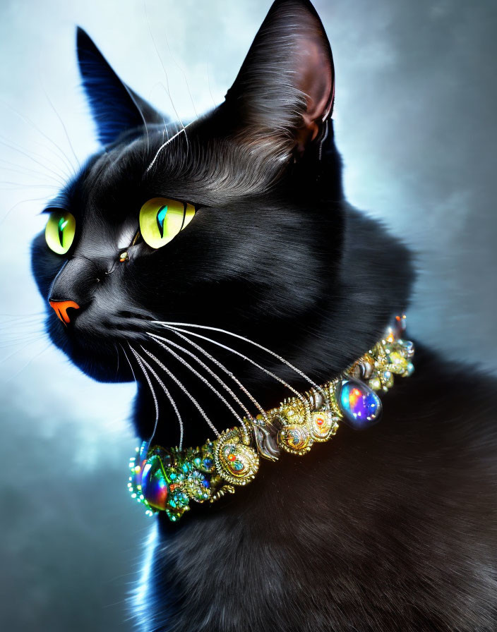 Black Cat with Green Eyes and Jeweled Necklace on Blue-Grey Background