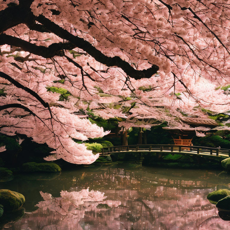 Cherry Blossoms in Full Bloom Overhanging Pond with Wooden Bridge