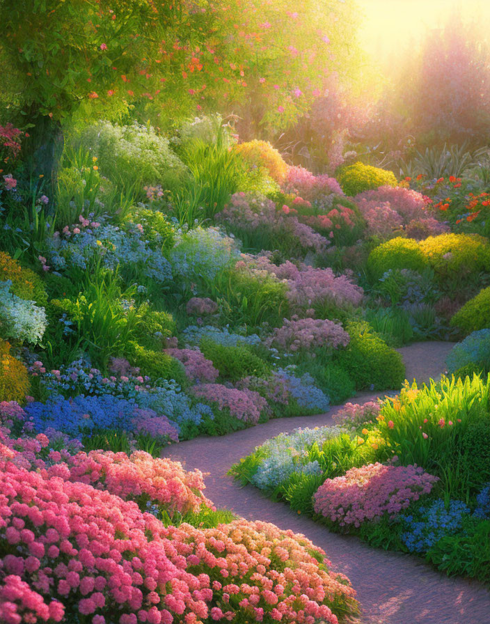 Vibrant flower-lined garden pathway under warm sunlight