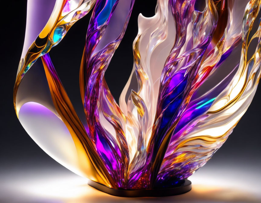 Swirling Purple, Gold, and Blue Glass Sculpture on Soft-lit Background