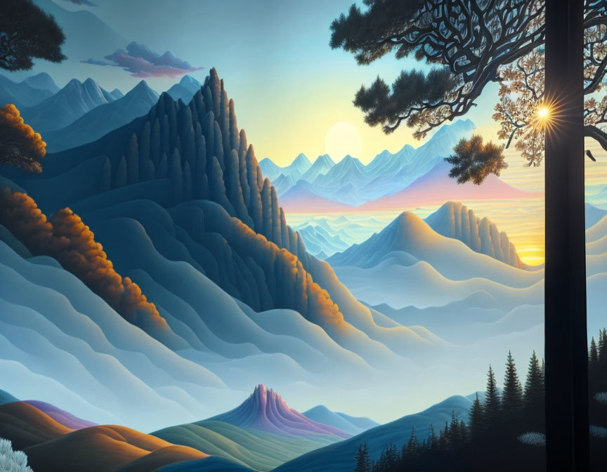 Layered mountain landscape at sunrise with radiant sun and trees