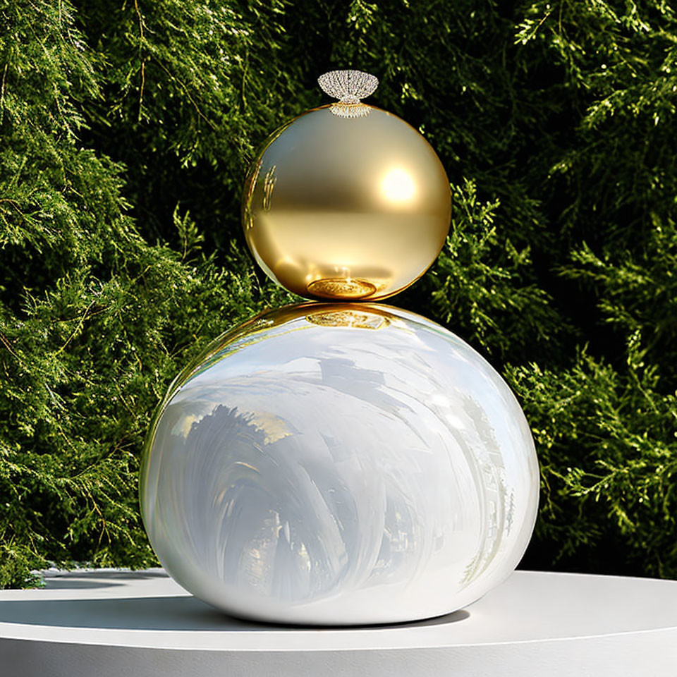 Decorative two-tiered object with glossy golden and white iridescent spheres against leafy backdrop