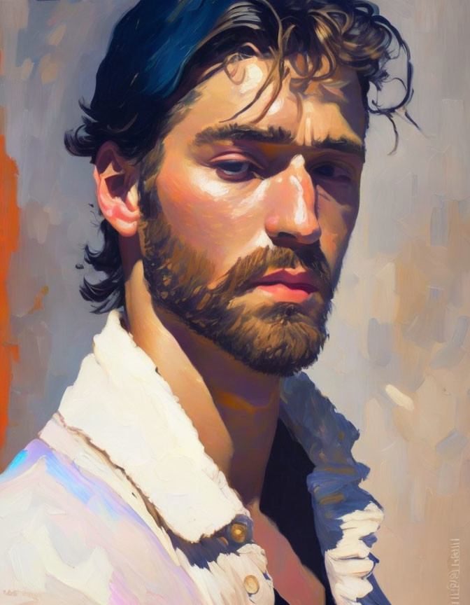 Vibrant oil painting: Bearded man with tousled hair, gazing sideways