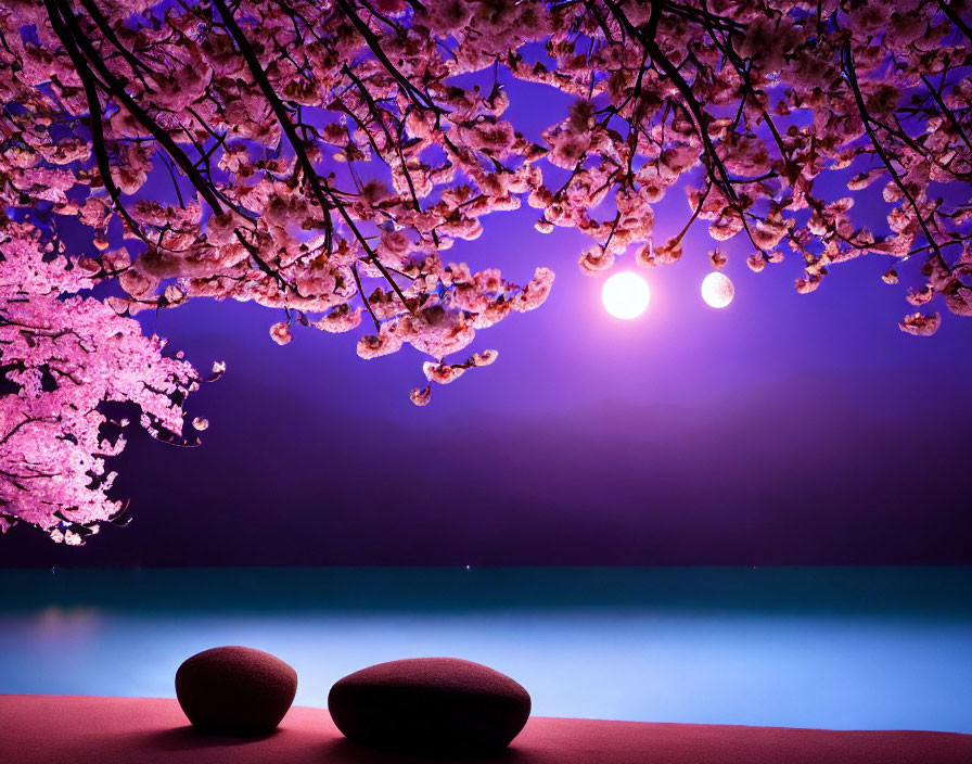 Tranquil cherry blossom scene with two moons and stones