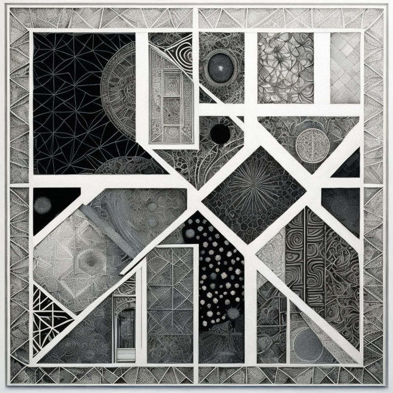 Abstract monochromatic geometric artwork with intricate patterns and divided sections.