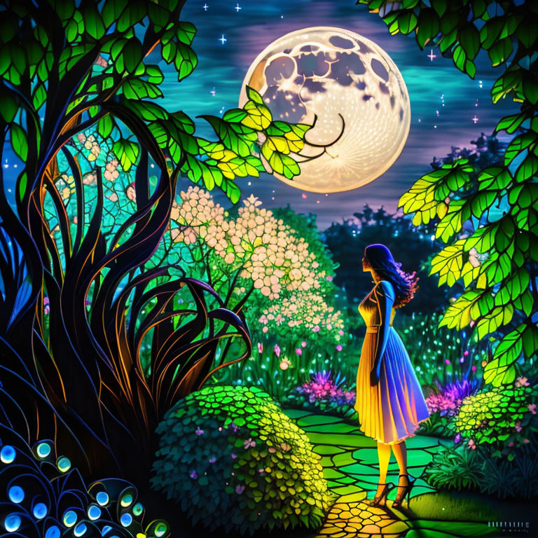 Enchanting nighttime garden with glowing flowers and crescent moon.