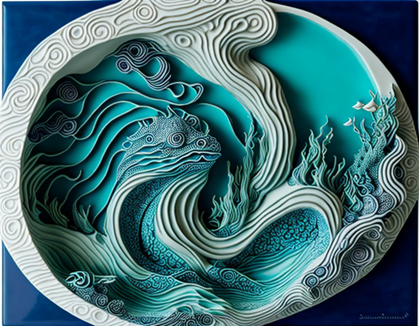 Blue and White 3D Paper Art: Layered Waves with Sea Dragon