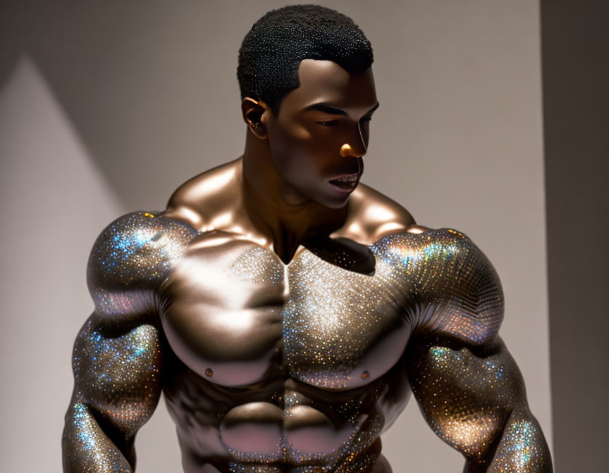 Muscular Man Figurine with Shimmering Skin and Intense Expression