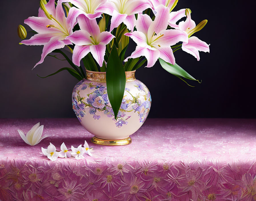 Pink lilies in vase on purple cloth with fallen petal and scattered flowers