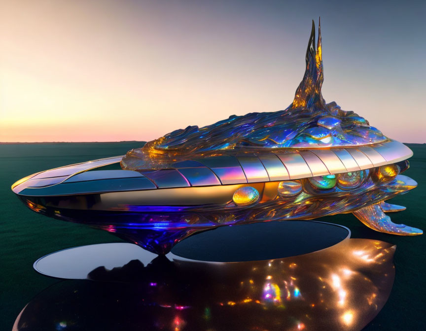 Iridescent spacecraft with spire lands on reflective surface at dusk