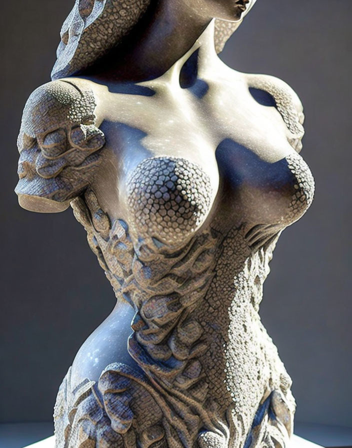 Stylized female figure sculpture with textured patterns on torso