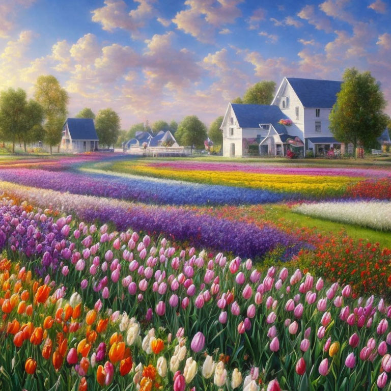 Colorful Tulip Field and Quaint Houses under Clear Blue Sky