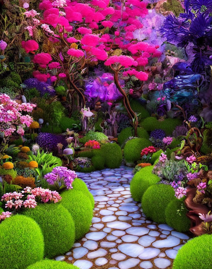 Colorful Fantasy Garden with Cobblestone Path & Oversized Flowers