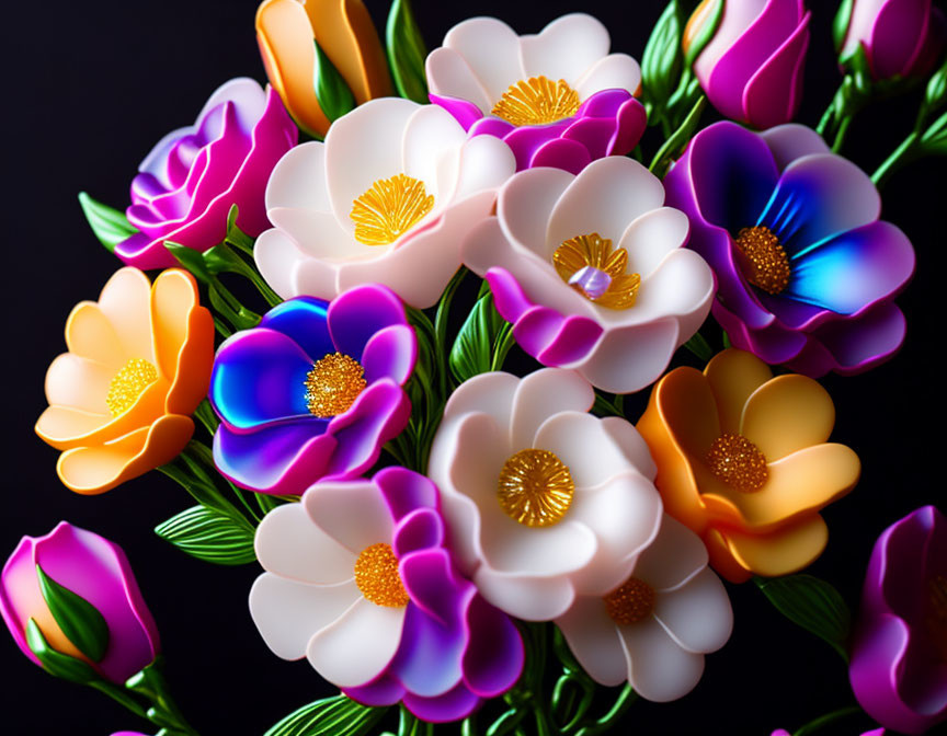 Colorful Stylized Flower Bouquet Against Dark Background