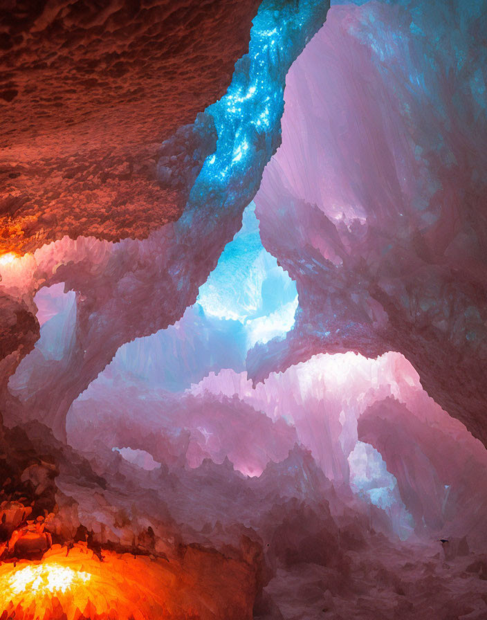 Colorful Cave Interior: Orange and Blue Tones Illuminated Naturally