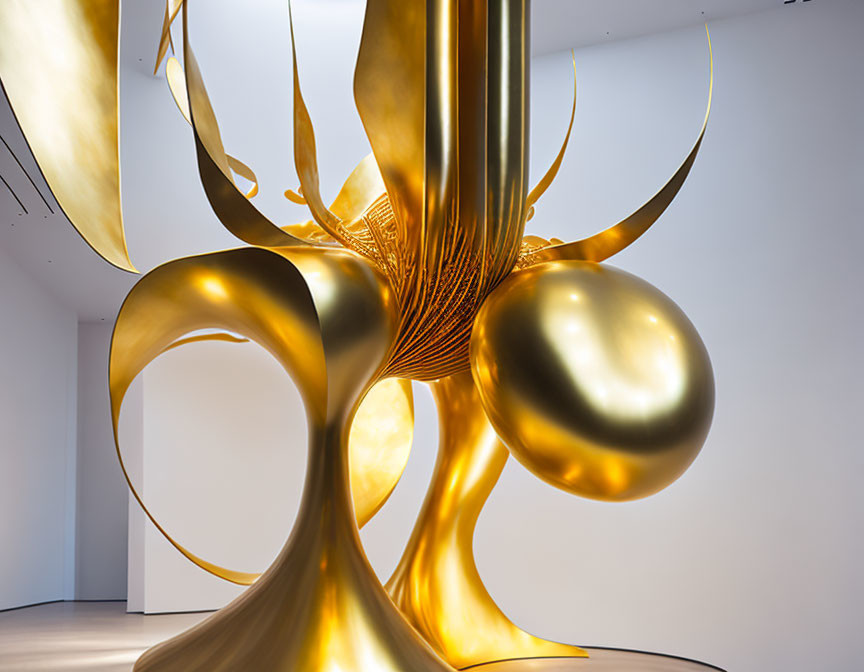 Golden glossy sculpture with organic shapes in white gallery