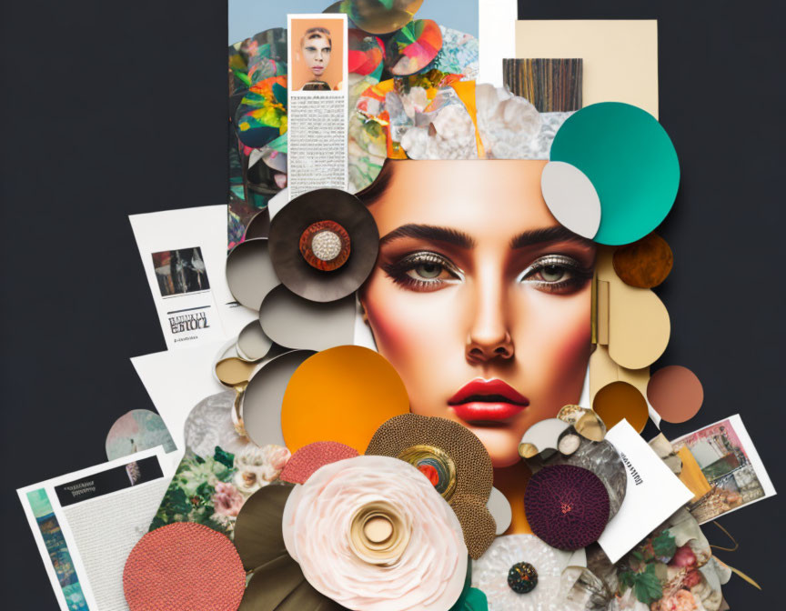 Colorful collage of woman's face with bold makeup and textures on dark background