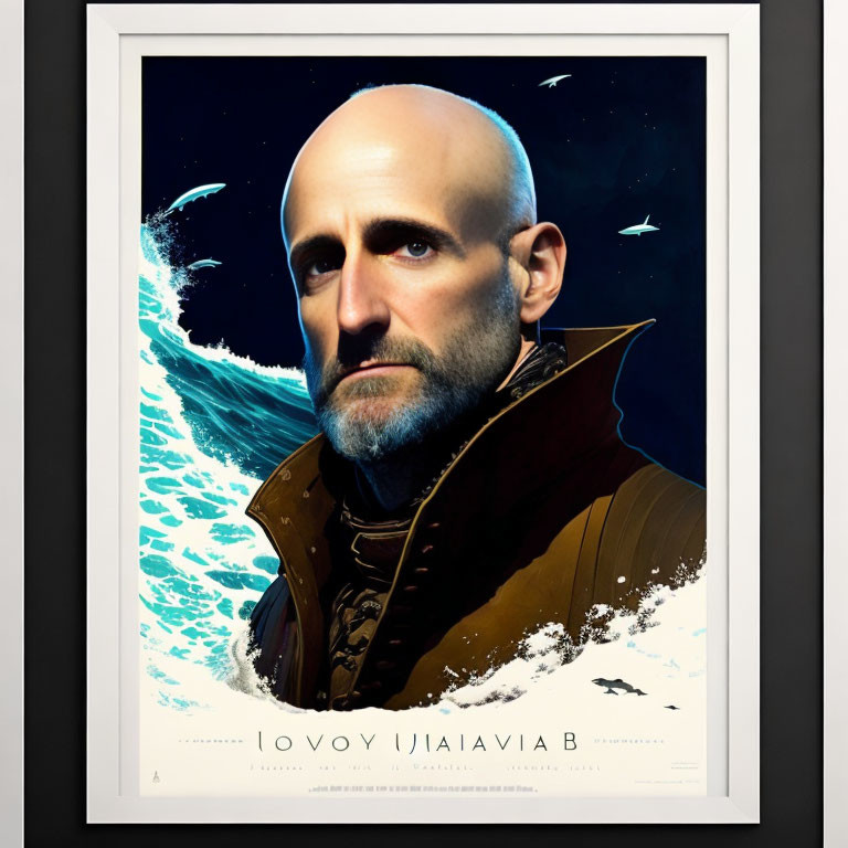 Futuristic bald man poster with beard in cosmic setting