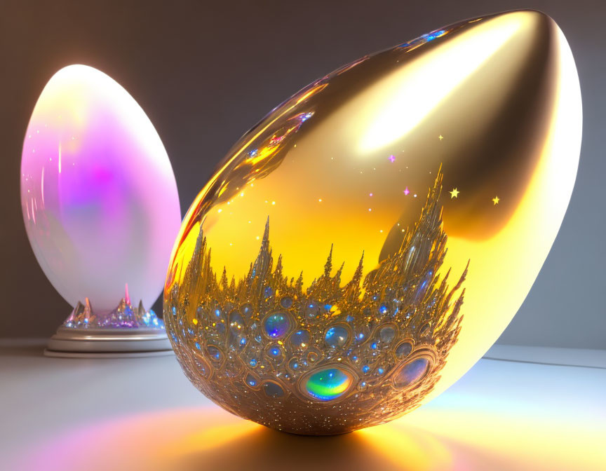 Intricate golden and iridescent egg-shaped objects on display