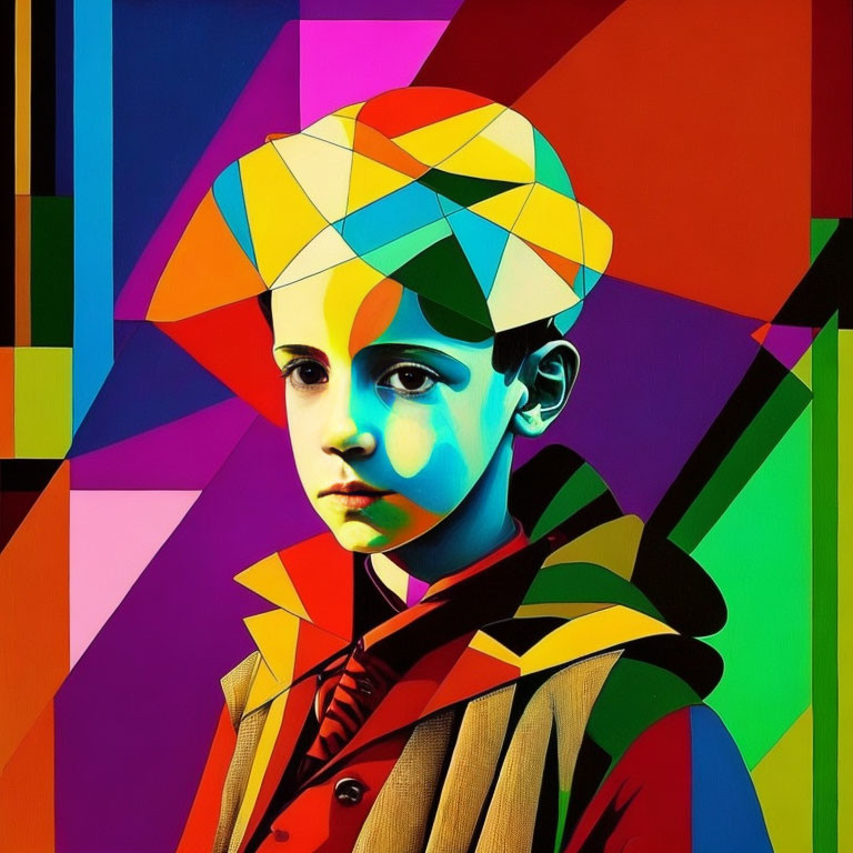 Vibrant geometric portrait of a young child with abstract patterns