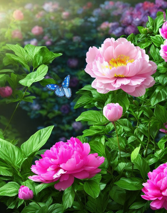 Beautiful Pink Peonies and Butterfly in Sunlit Garden