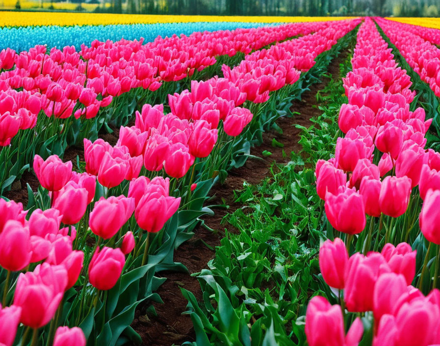 Vibrant pink tulip rows in colorful flower field