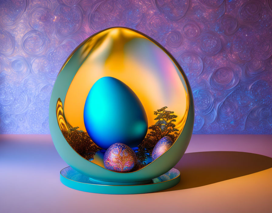 Colorful Digital Art: Large Golden Egg Surrounded by Ornate Eggs