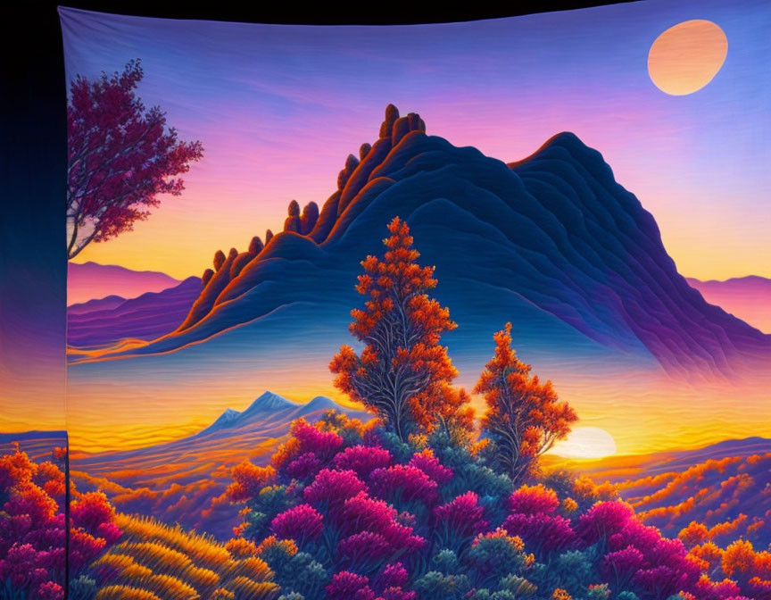 Colorful tapestry of stylized mountain landscape at sunset