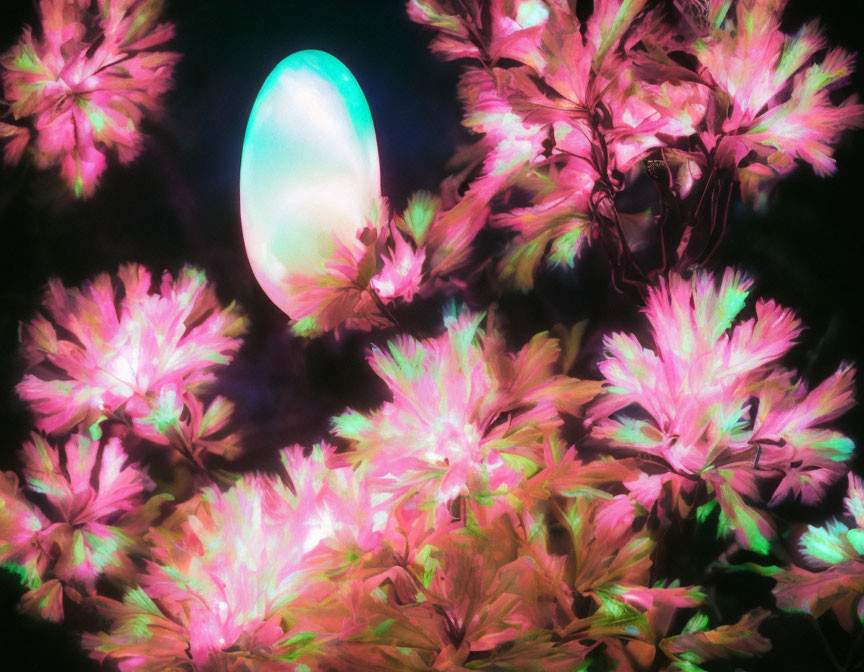 Ethereal glowing egg-shaped object in vivid pink and green foliage