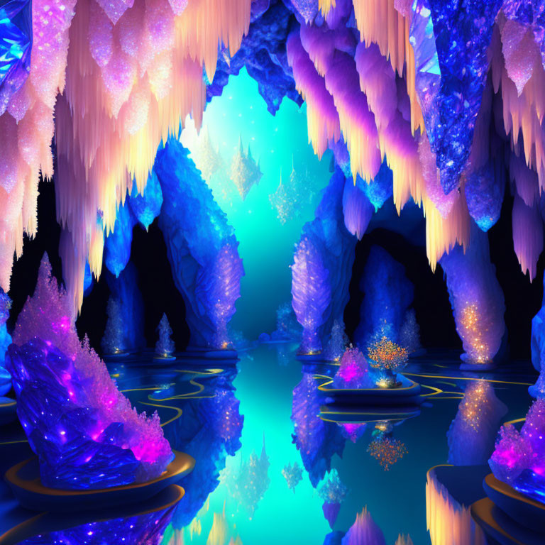 Fantasy cave with pink and blue crystal formations in serene water