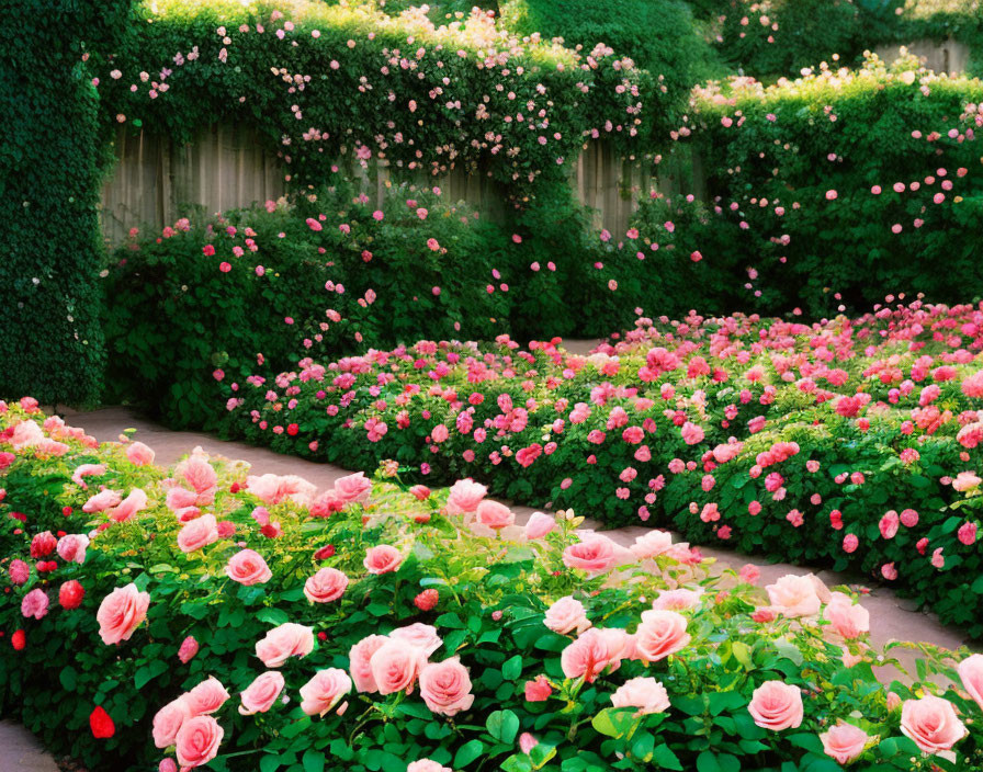 Pink Roses Blooming in Lush Garden with Archways