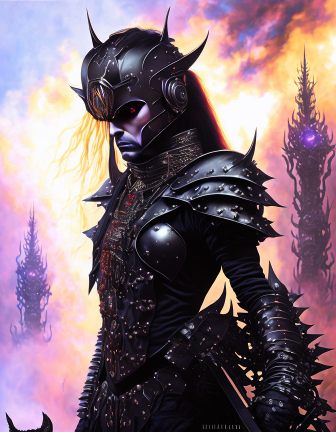 Warrior in black armor with spikes and horned helmet against fiery violet sky