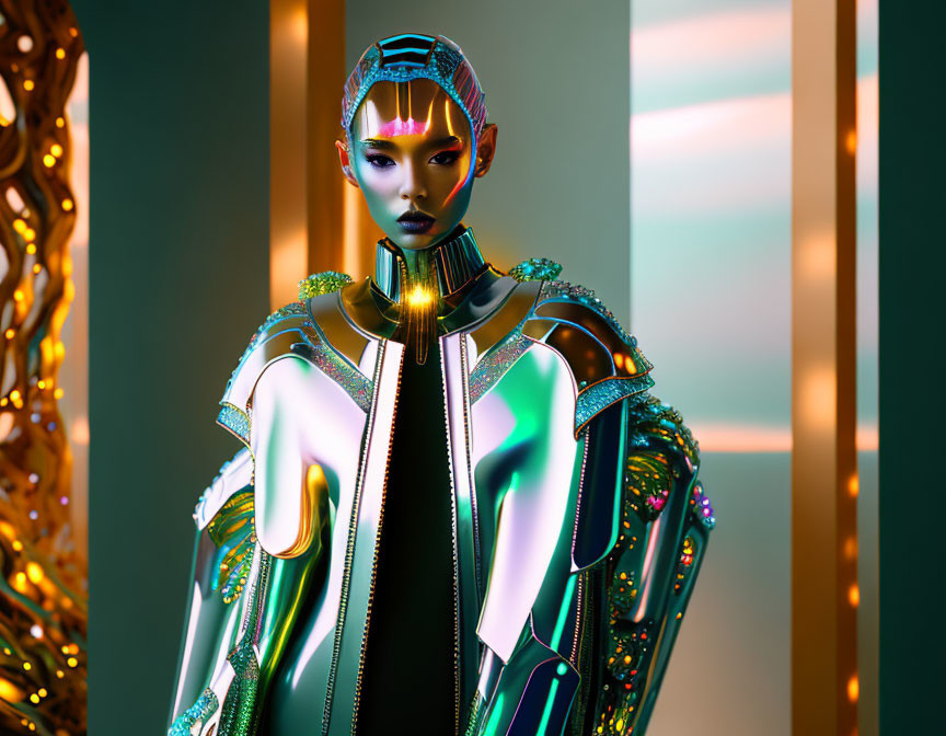 Futuristic female android in intricate armor against neon-lit backdrop