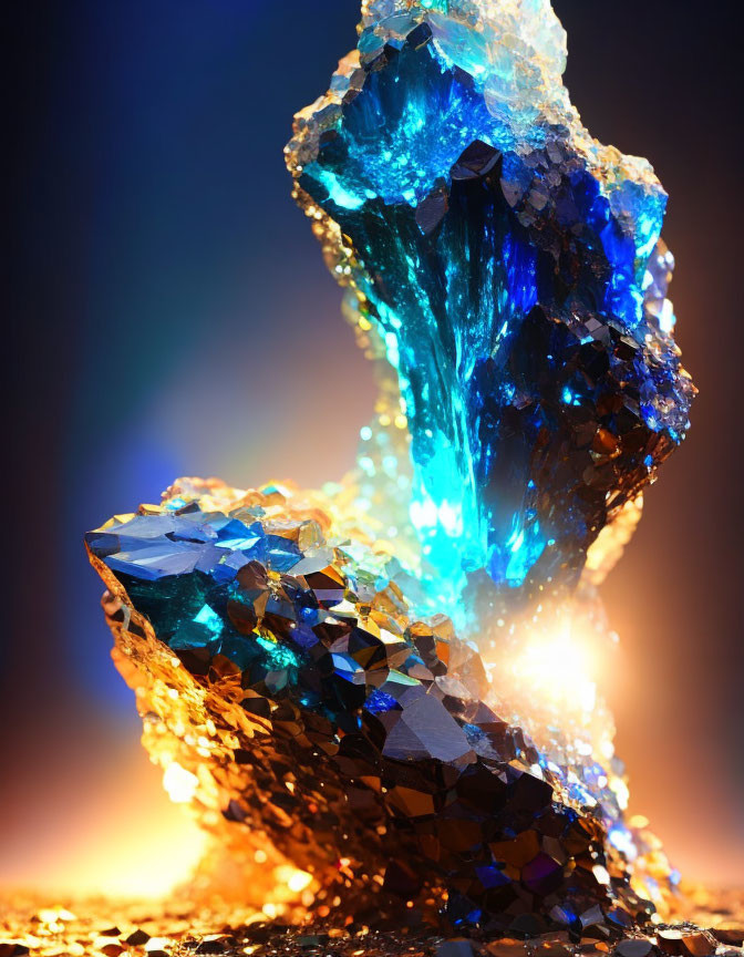 Blue and gold crystal structure on dark background