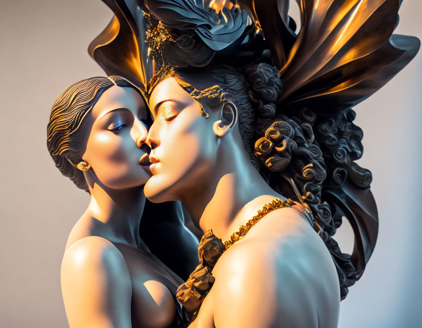 Stylized sculpture of two figures in close embrace with ornate headdresses