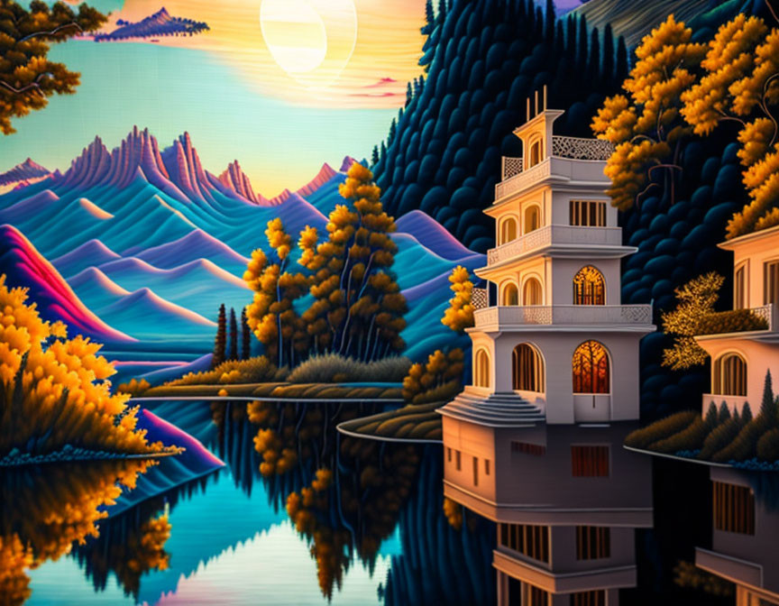 White Villa by Lake: Autumn Trees, Mountains, Sunset