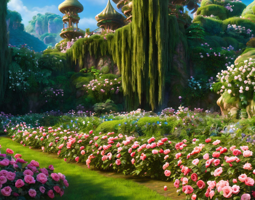 Vibrant pink roses and whimsical mushroom structures in lush fantasy garden