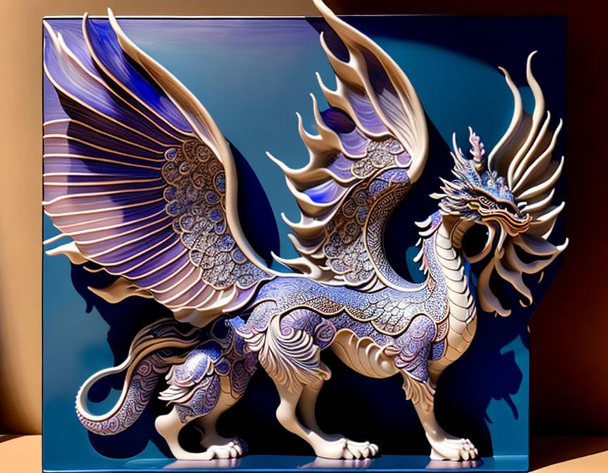 Mythical dragon with blue and white scales on brown and blue backdrop