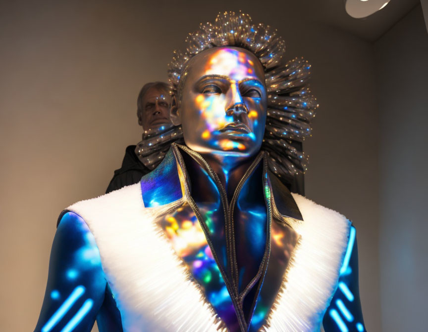 Futuristic metallic mannequin with sun-like headpiece and luminous pattern jacket