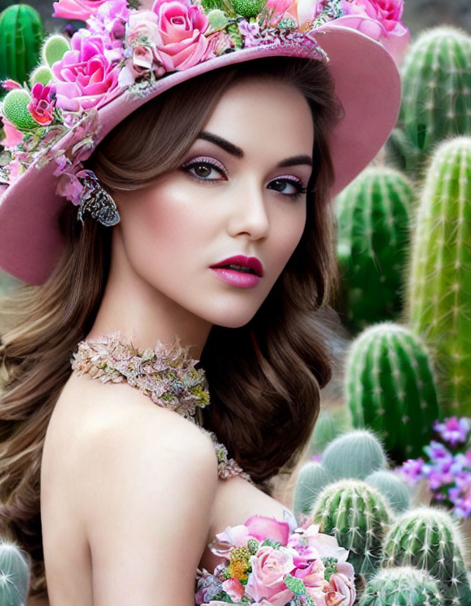 Woman with Floral Adornments Posing by Cacti