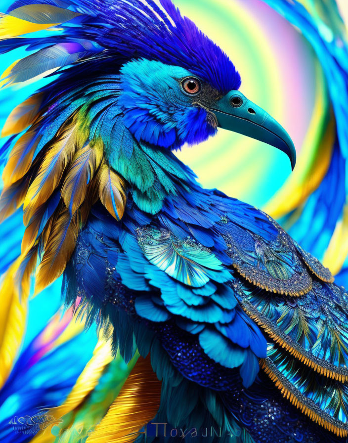 Colorful digital artwork: Bird with intricate feather pattern in vibrant blue, yellow, and green against swirling