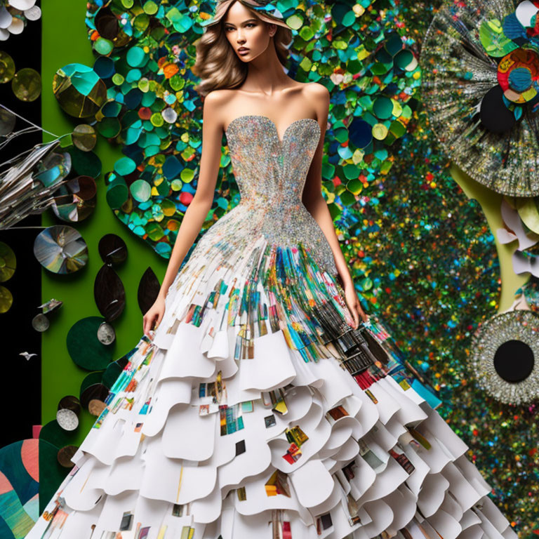 Colorful Strapless Gown with Tiered Ruffles on Vibrant Background