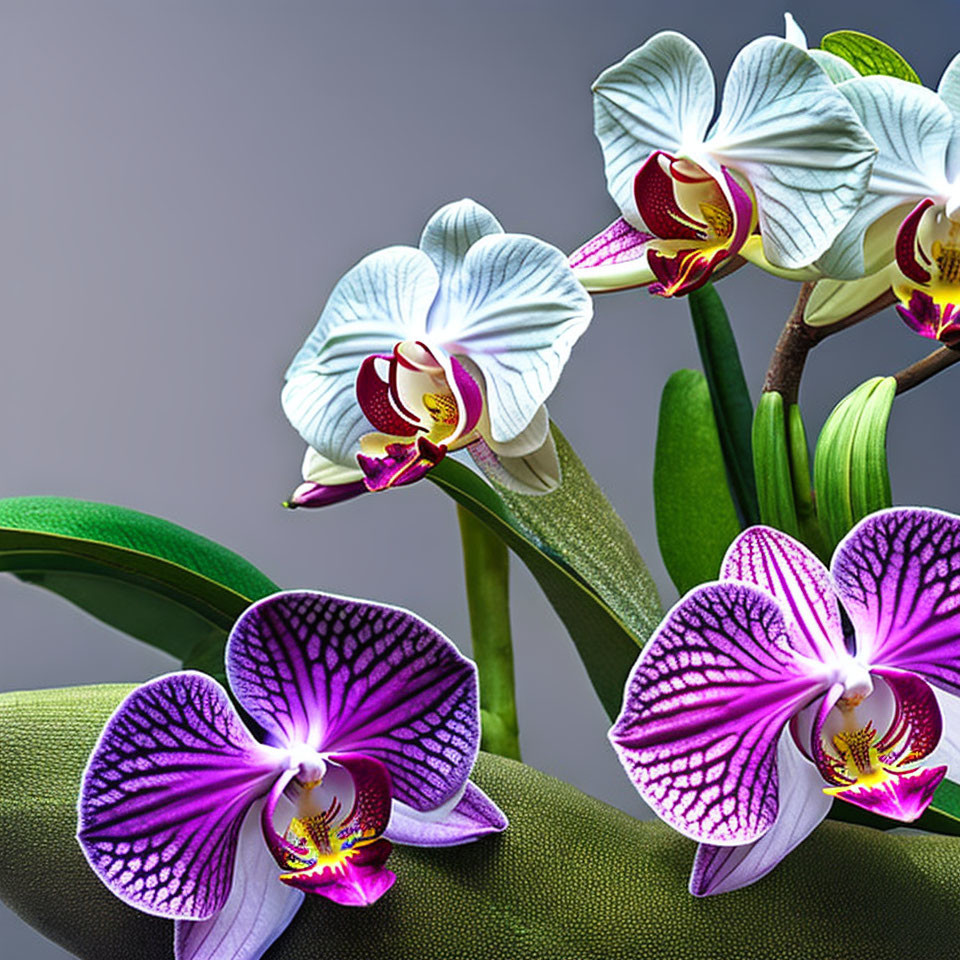 Vibrant orchids with white and purple petals on grey background